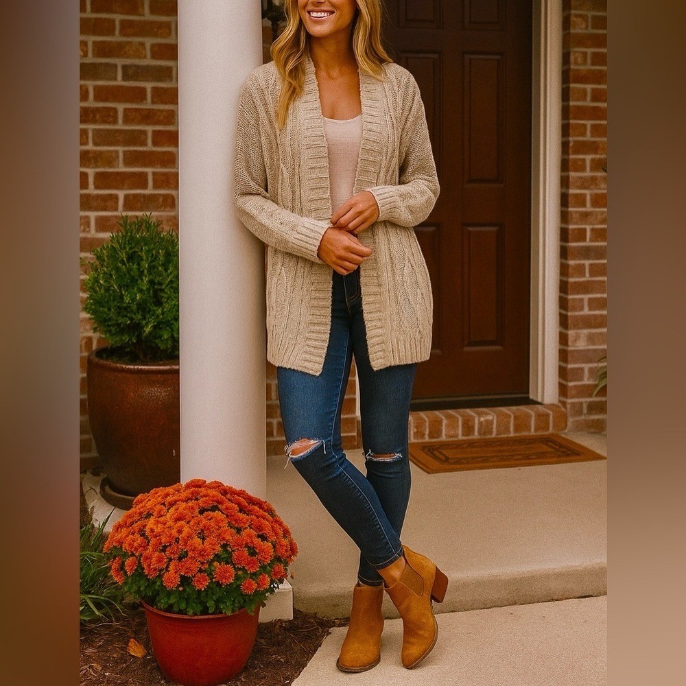 belle by belldini Tan Flecked Open Front Cardigan Sweater Wrap